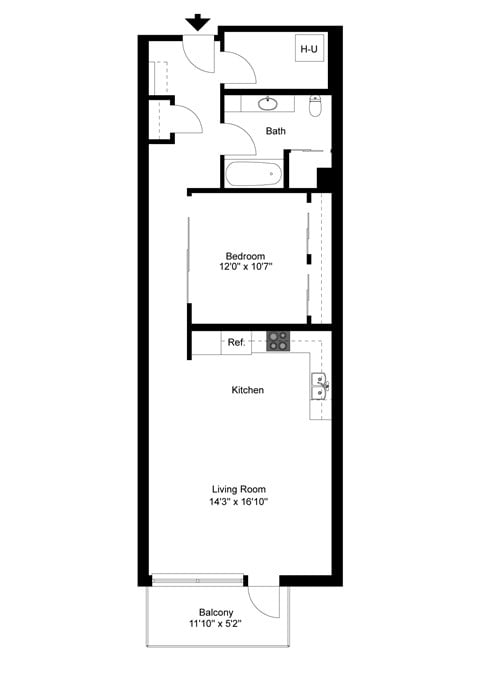 Floor plan for 1 bed, 1 bath, 907 sqft